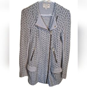 Lucky Brand Marnie Long Jacket Black White Zippers Pockets Cotton Size Small